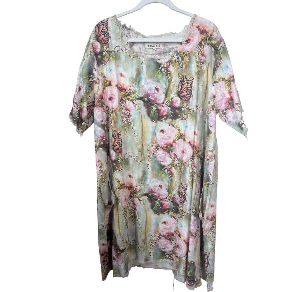 A Rare Bird Floral Butterfly Linen Tunic Dress Pink Green Raw Hem OS Boho